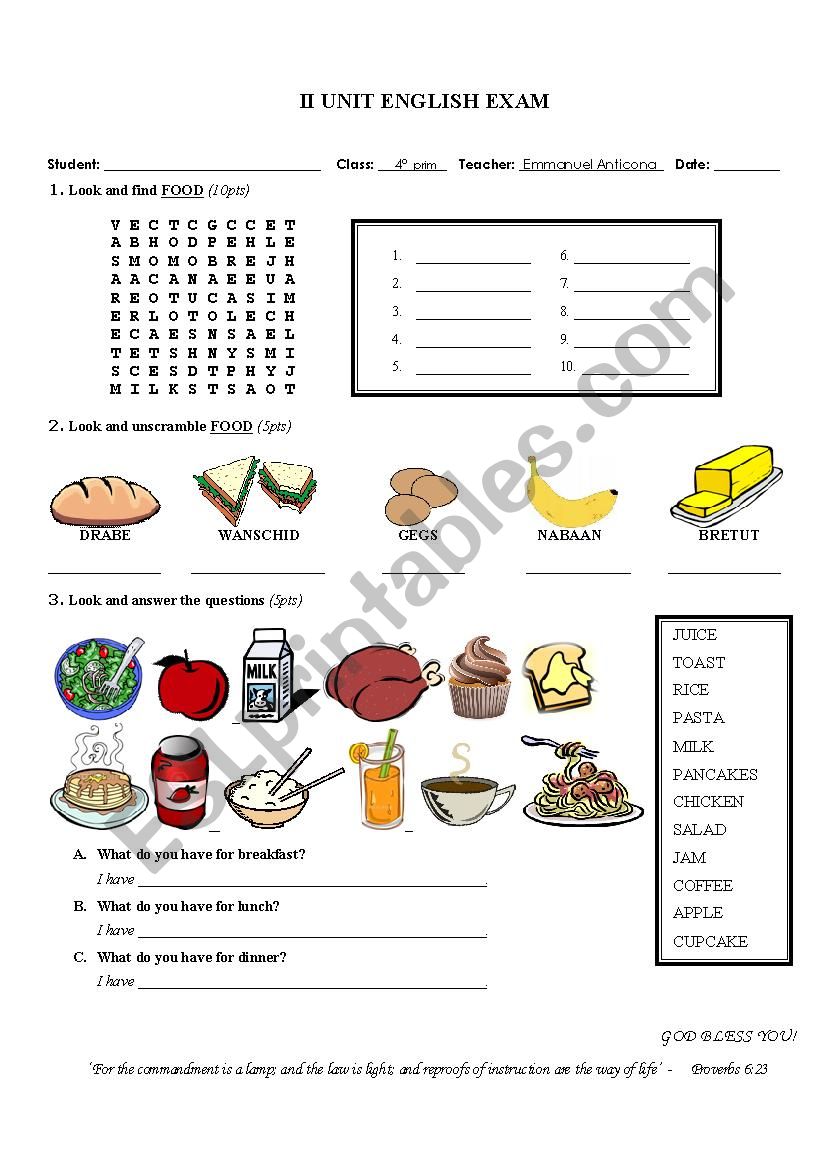 4th primary english exam worksheet