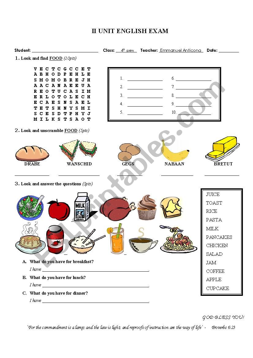 4th primary english exam worksheet