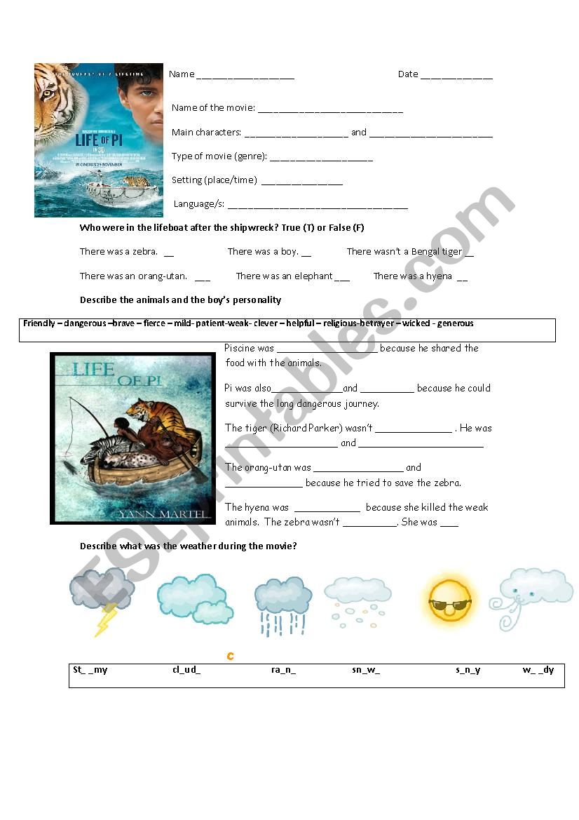 life of Pi (first part) worksheet