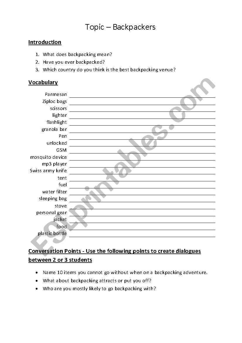 Backpacking worksheet