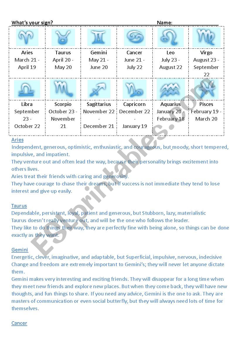Horoscope worksheet