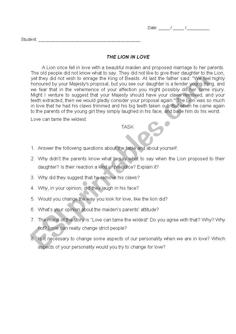 Fable: The lion in love worksheet