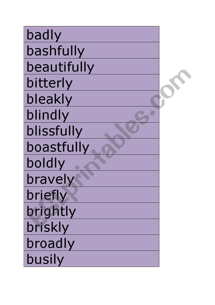 Adverbs badly to busily flashcards matchup with synonyms and antonyms