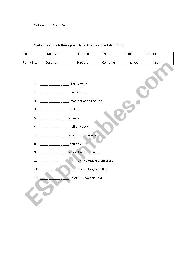 12-powerful words worksheet