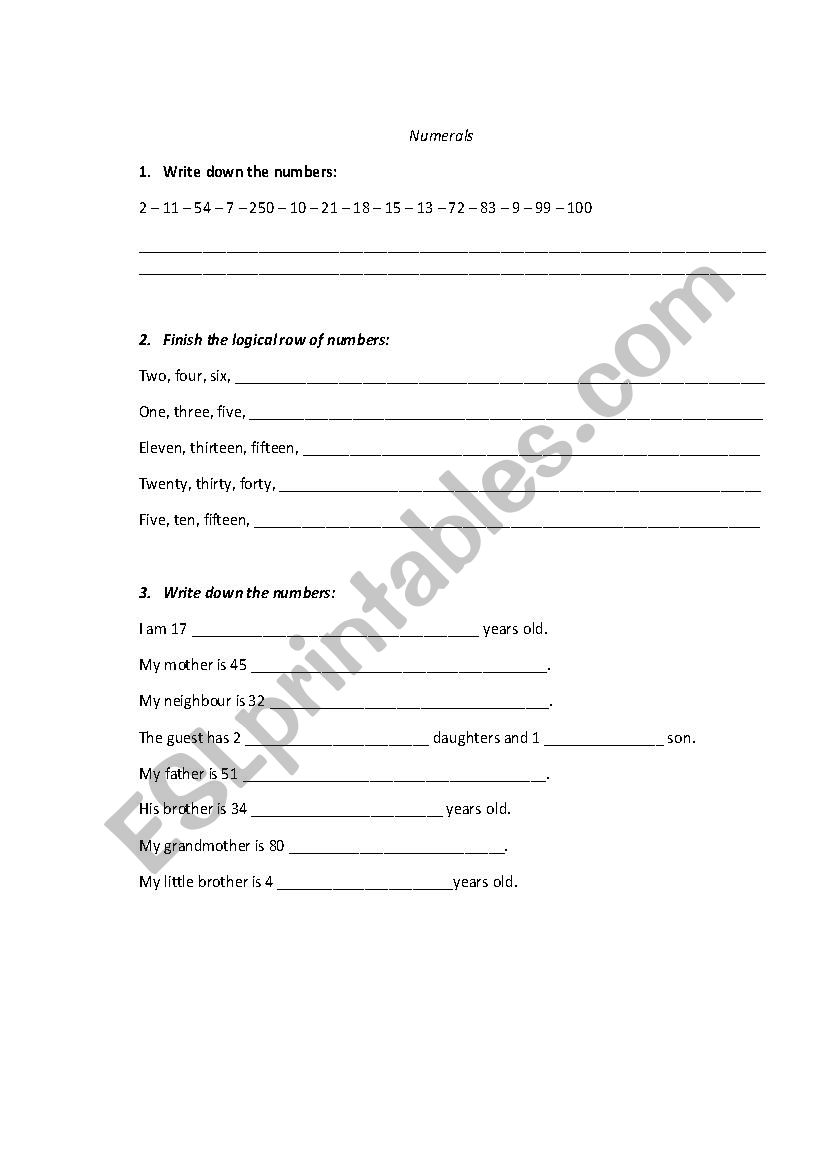 Numerals worksheet