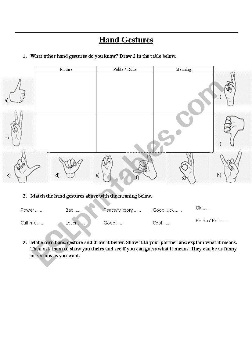 Hand Gestures worksheet