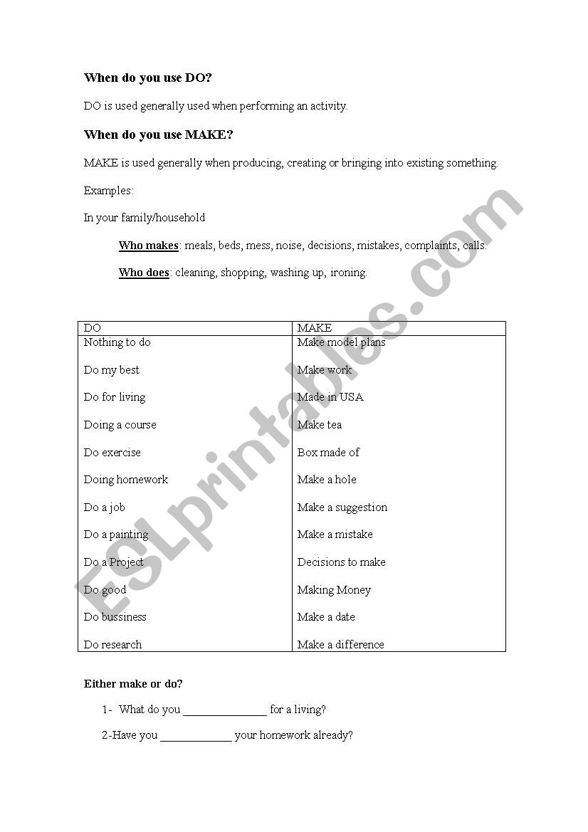 Make vs Do worksheet