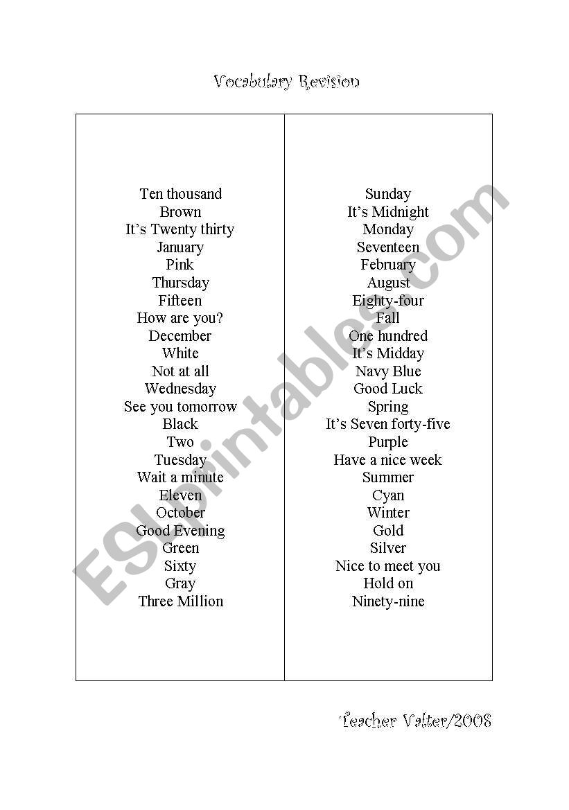 Vocabulary Revision worksheet