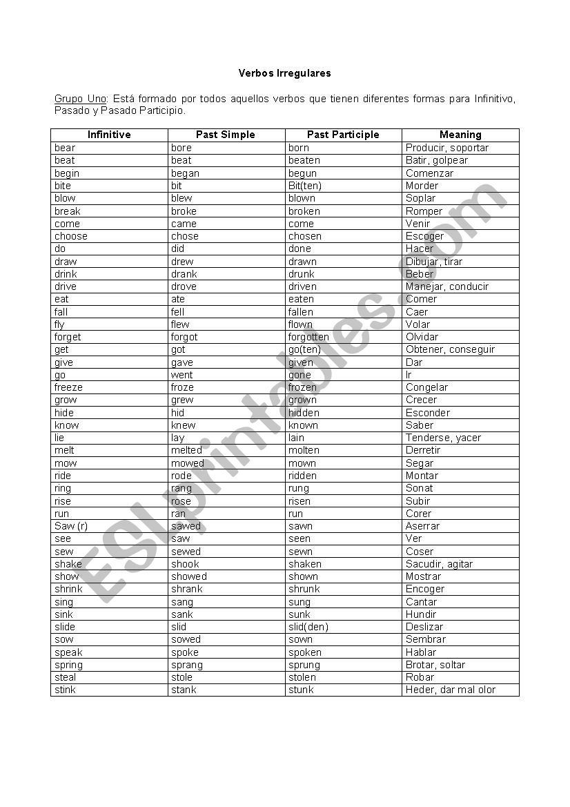 Irregular Verbs worksheet