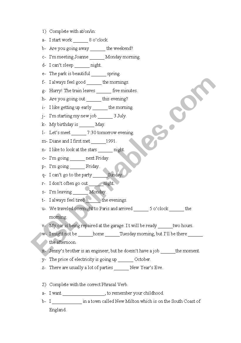 prepositions at in on worksheet
