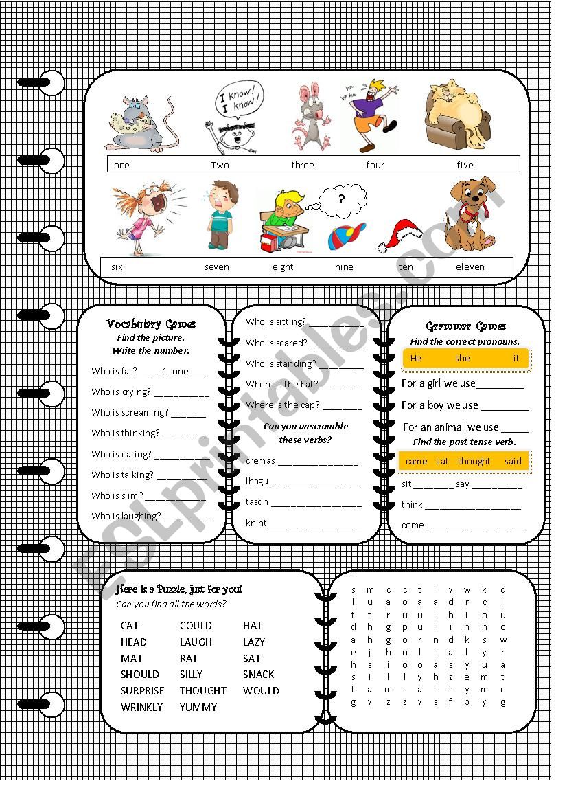 Book with activities for elementary: p.5 of The Lazy cat sat