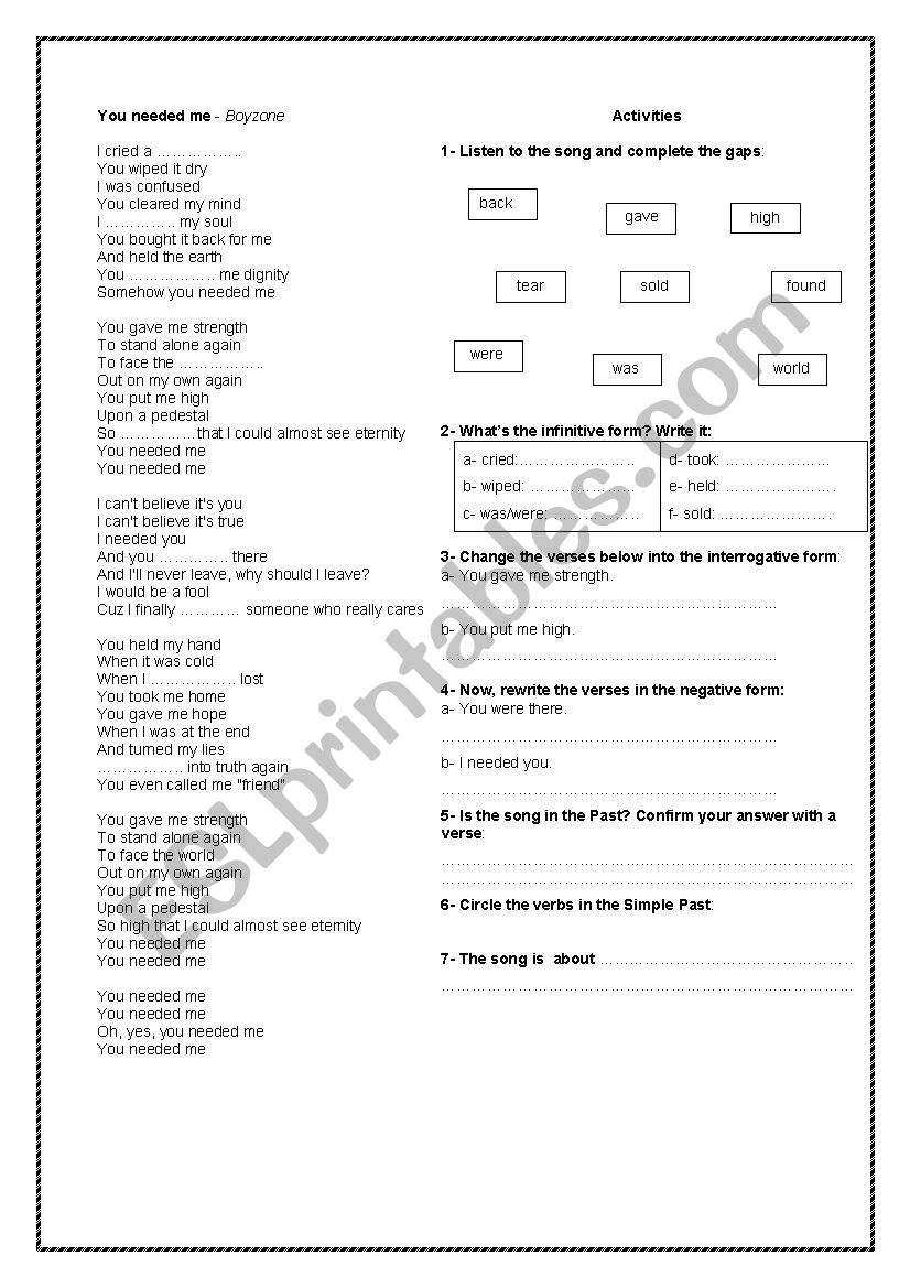 You needed me worksheet