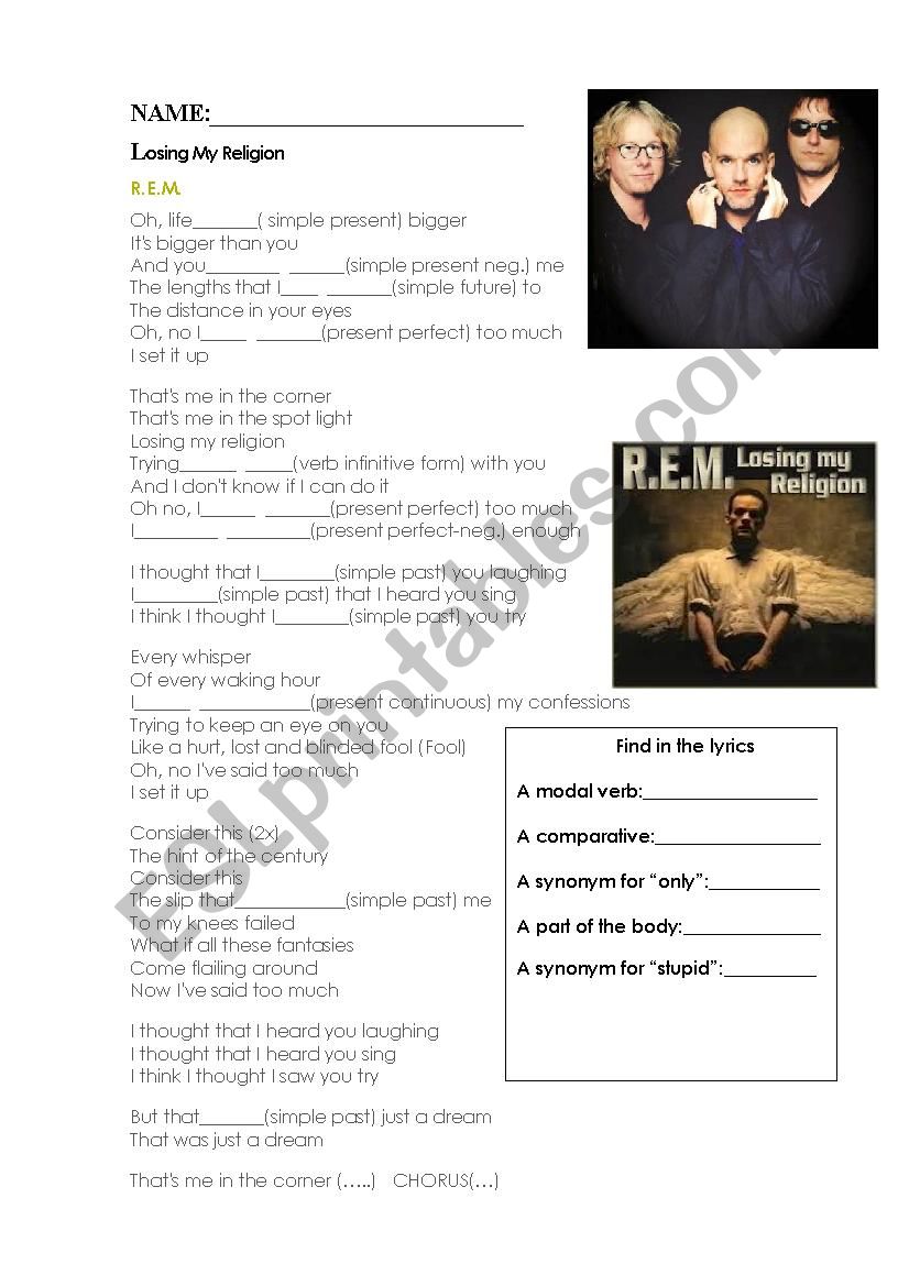 LOSING MY RELIGION -REM worksheet