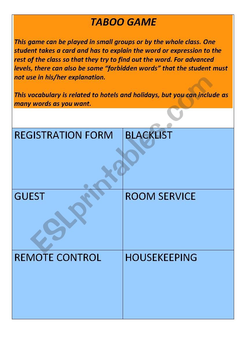 Taboo game (Hotels: staff, documents, facilities...)