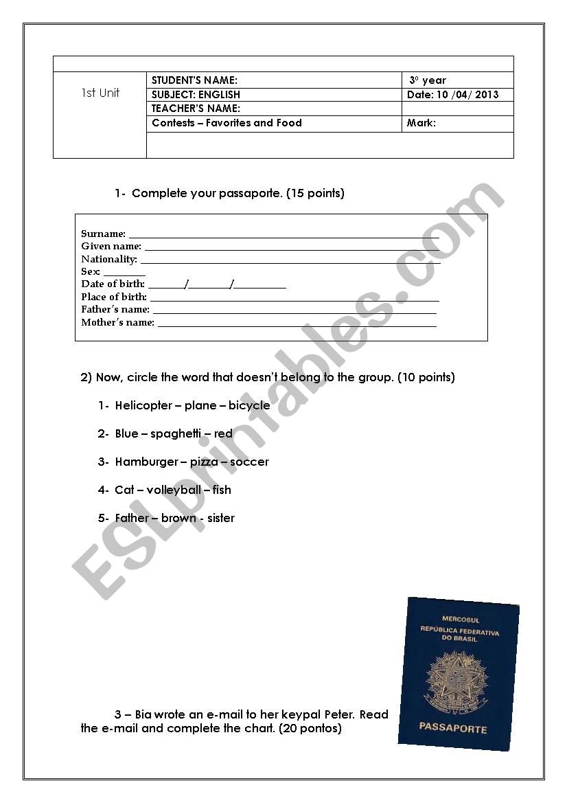 Passport English test worksheet