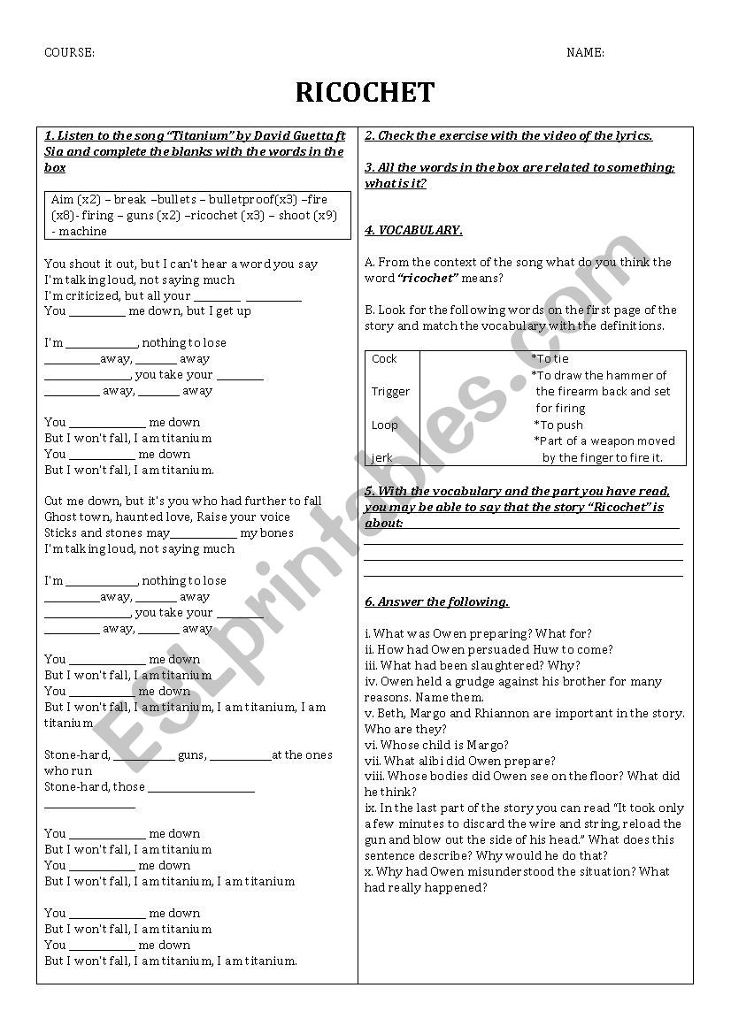 Ricochet worksheet