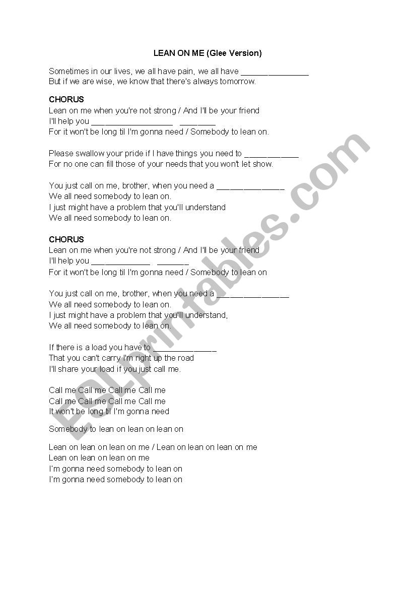 LEAN ON ME (GLEE version)  - Lesson Plan and Lyrics