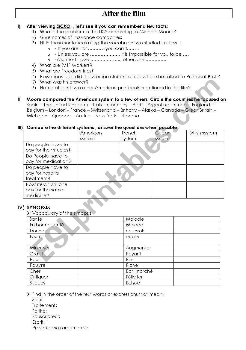 Sicko - After the film worksheet