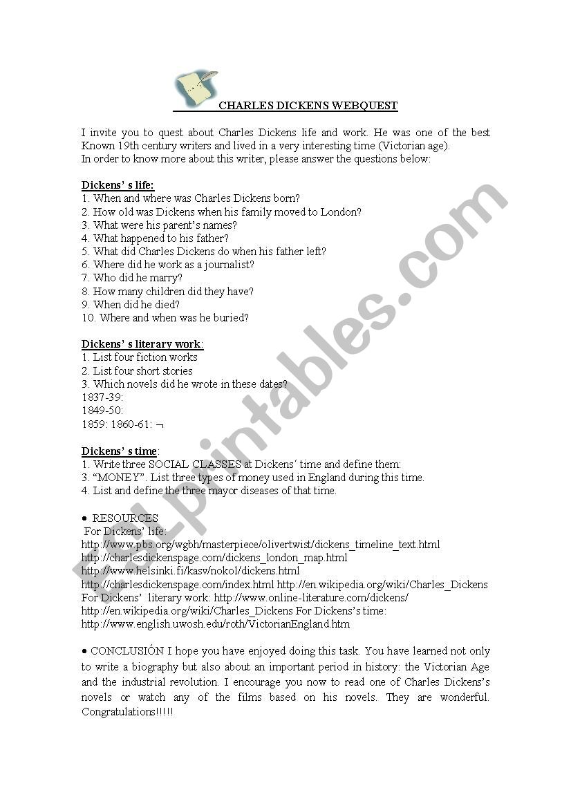 Charles Dickens Webquest worksheet