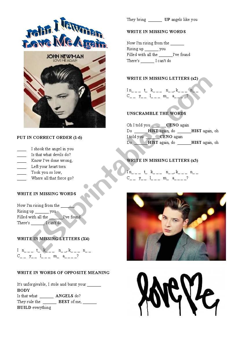 John Newman Love Me Again worksheet