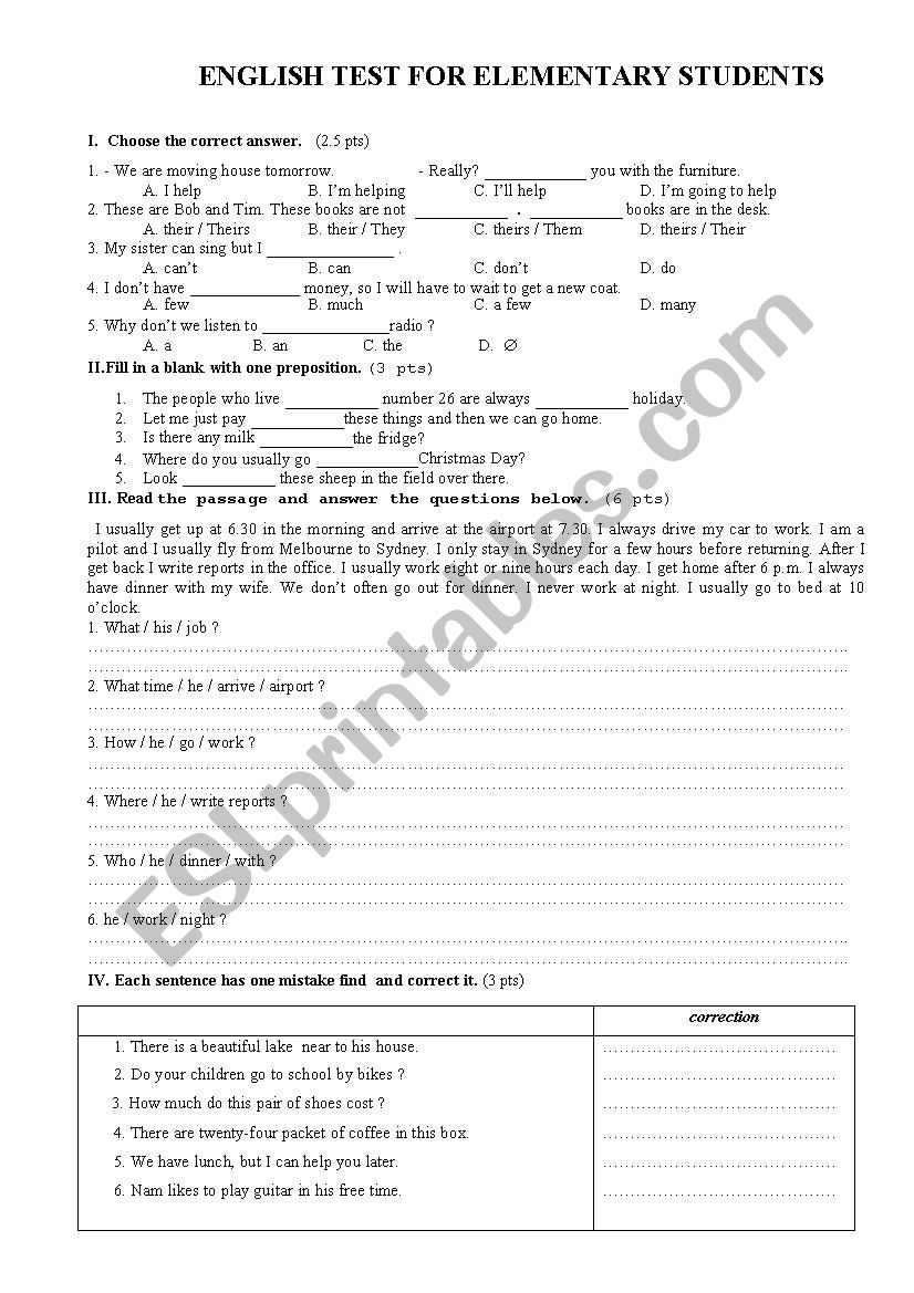 Written test for elementary students