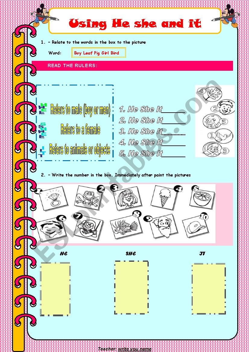 Use he, she and it worksheet