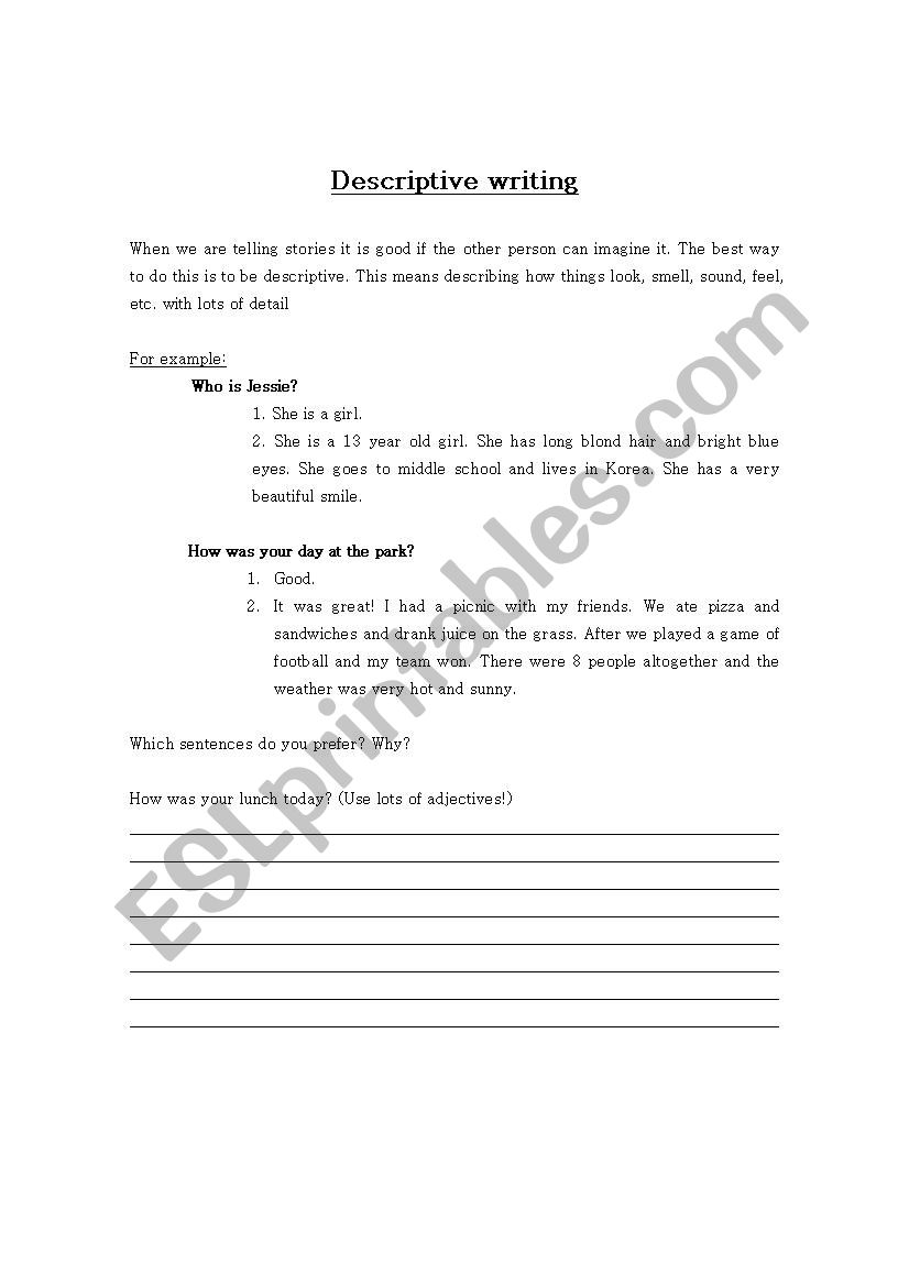 descriptive writing worksheet