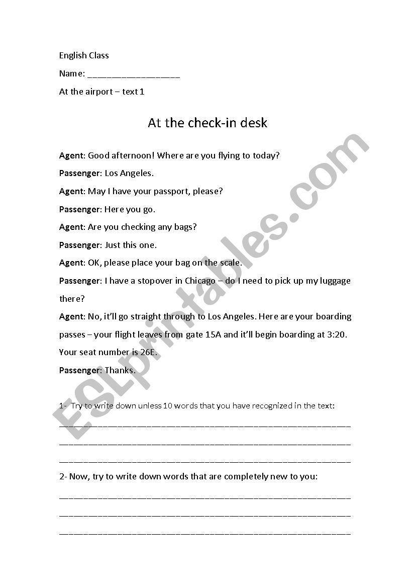 AT THE CHECK-IN DESK worksheet