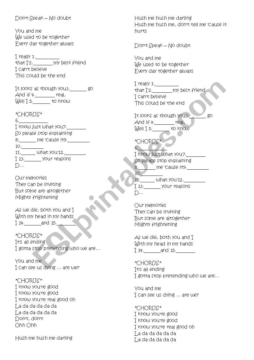 Dont Speak - No doubt worksheet