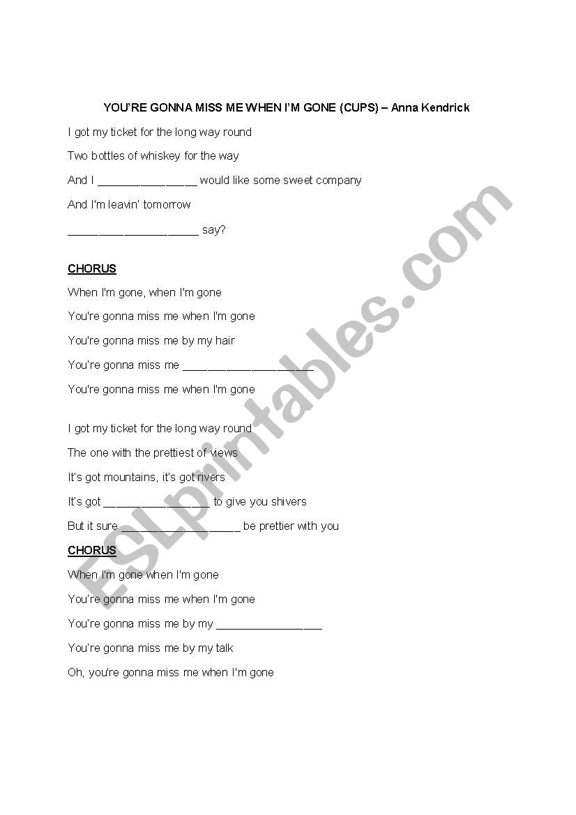 WHEN IM GONE (The Cup Song) worksheet