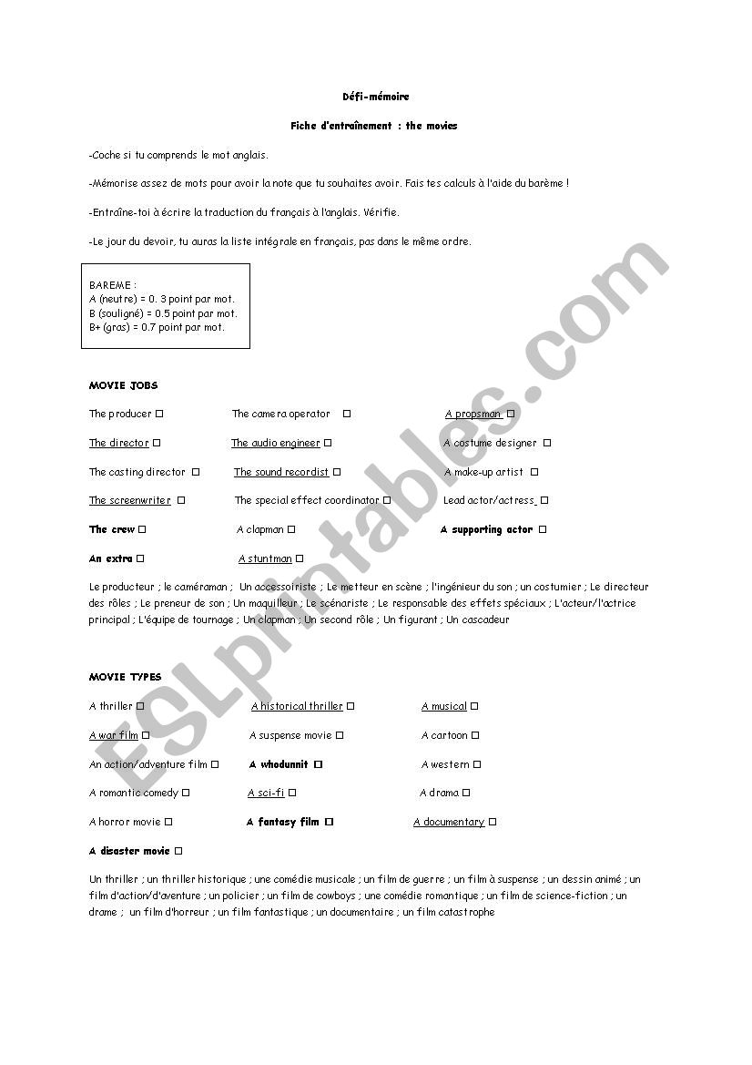 MOVIES LEXICAL CHALLENGE worksheet