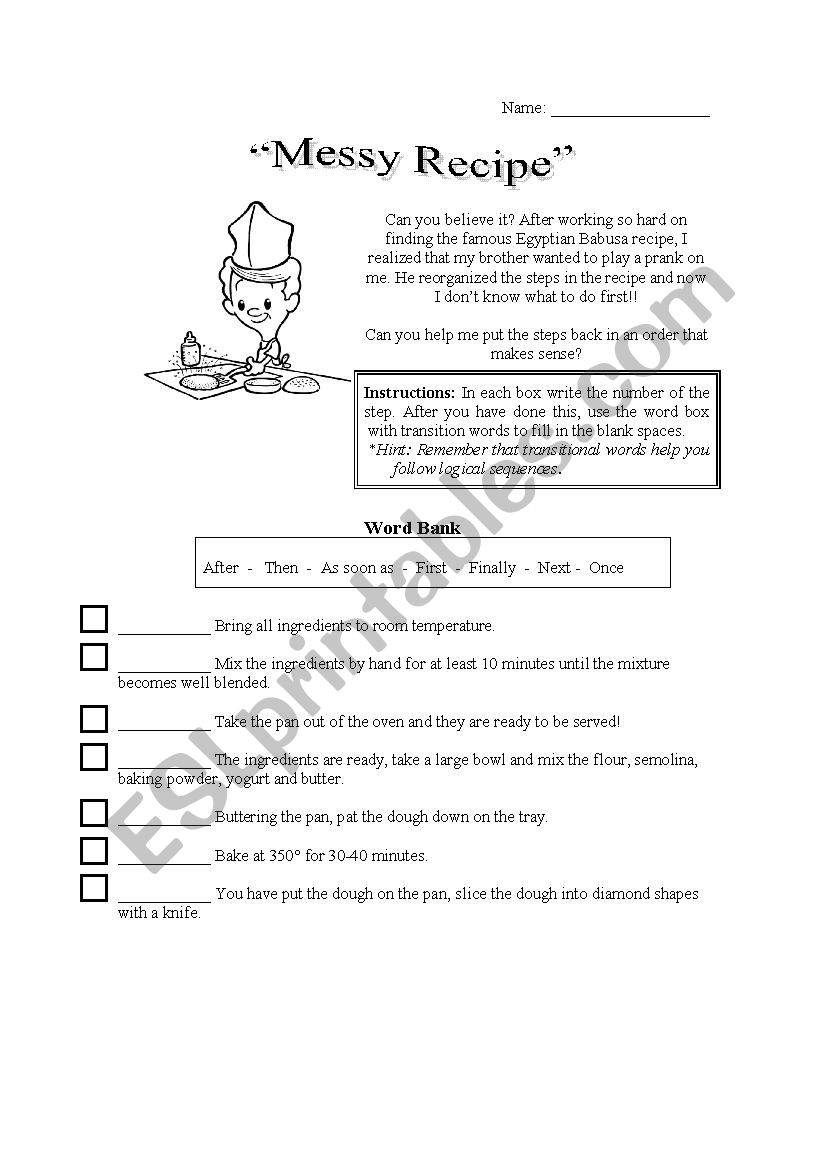 Messy recipe worksheet