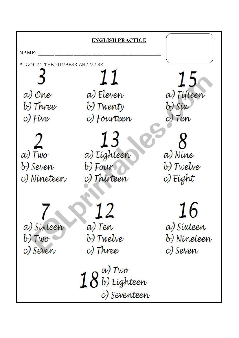 numbers  worksheet