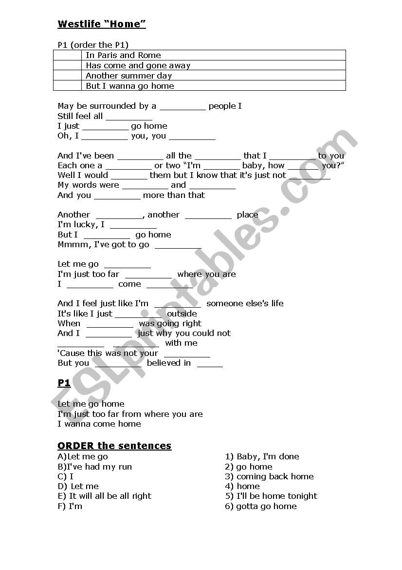 Westlife - Home worksheet