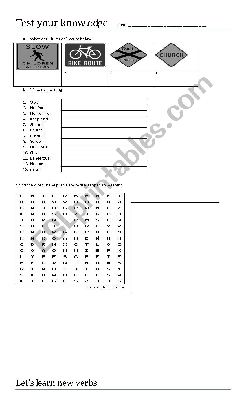 traffic signs and verbs worksheet