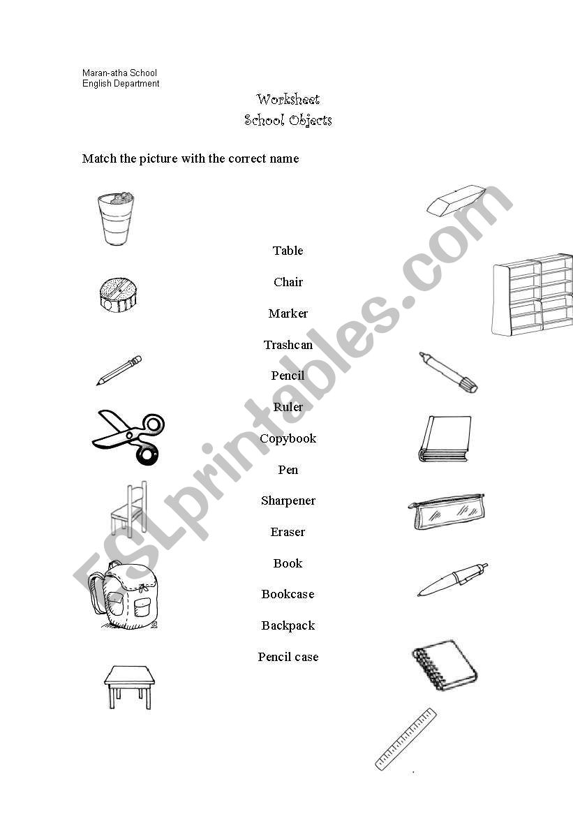 School Objects matching pairs worksheet