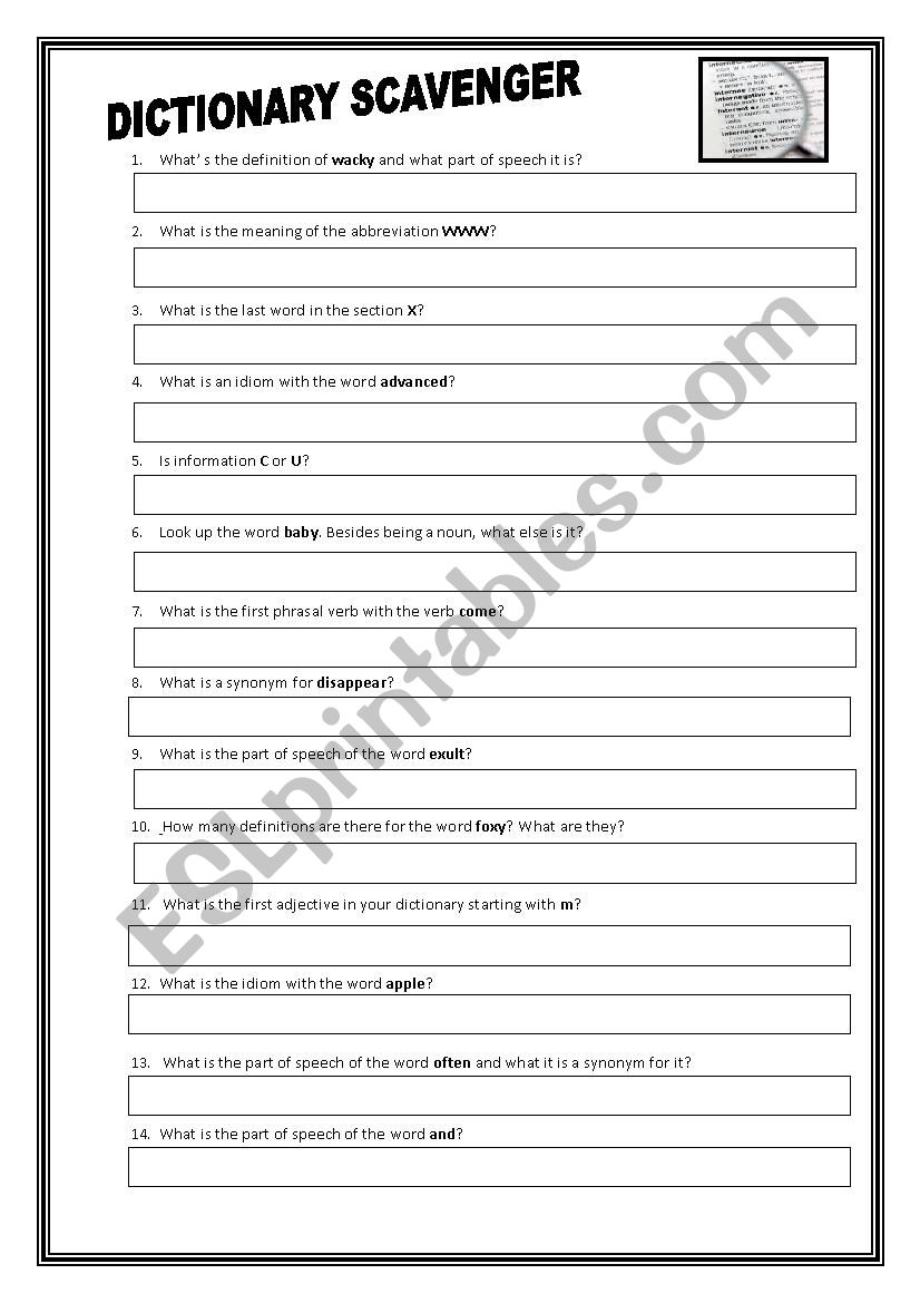 DICTIONARY SCAVENGER worksheet