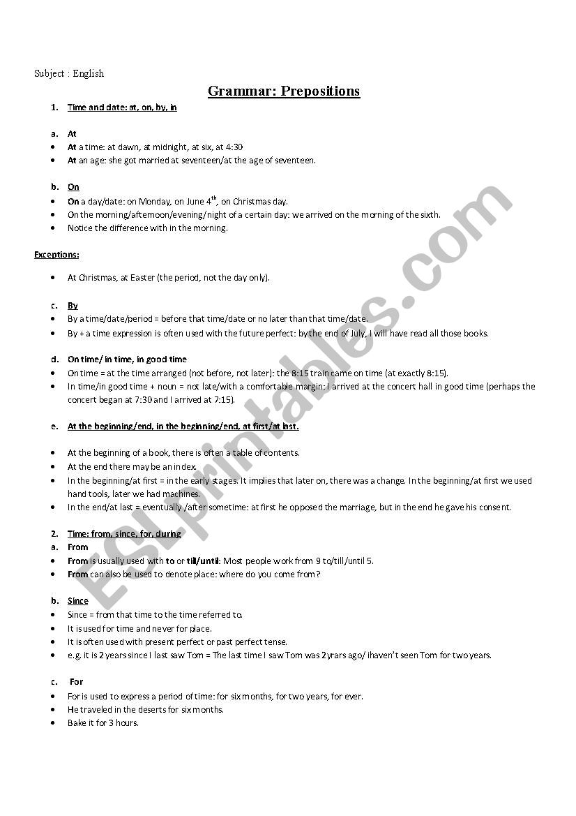 Prepositions worksheet