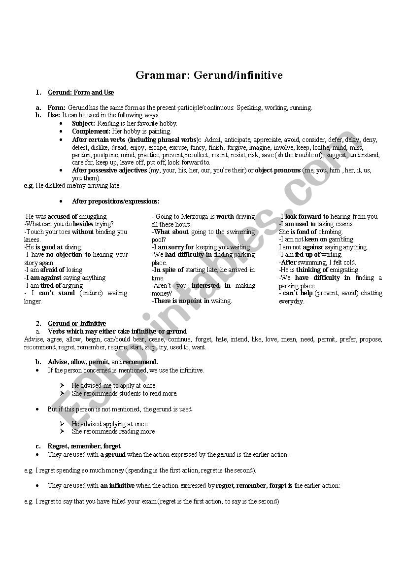 Gerund & infinitive worksheet