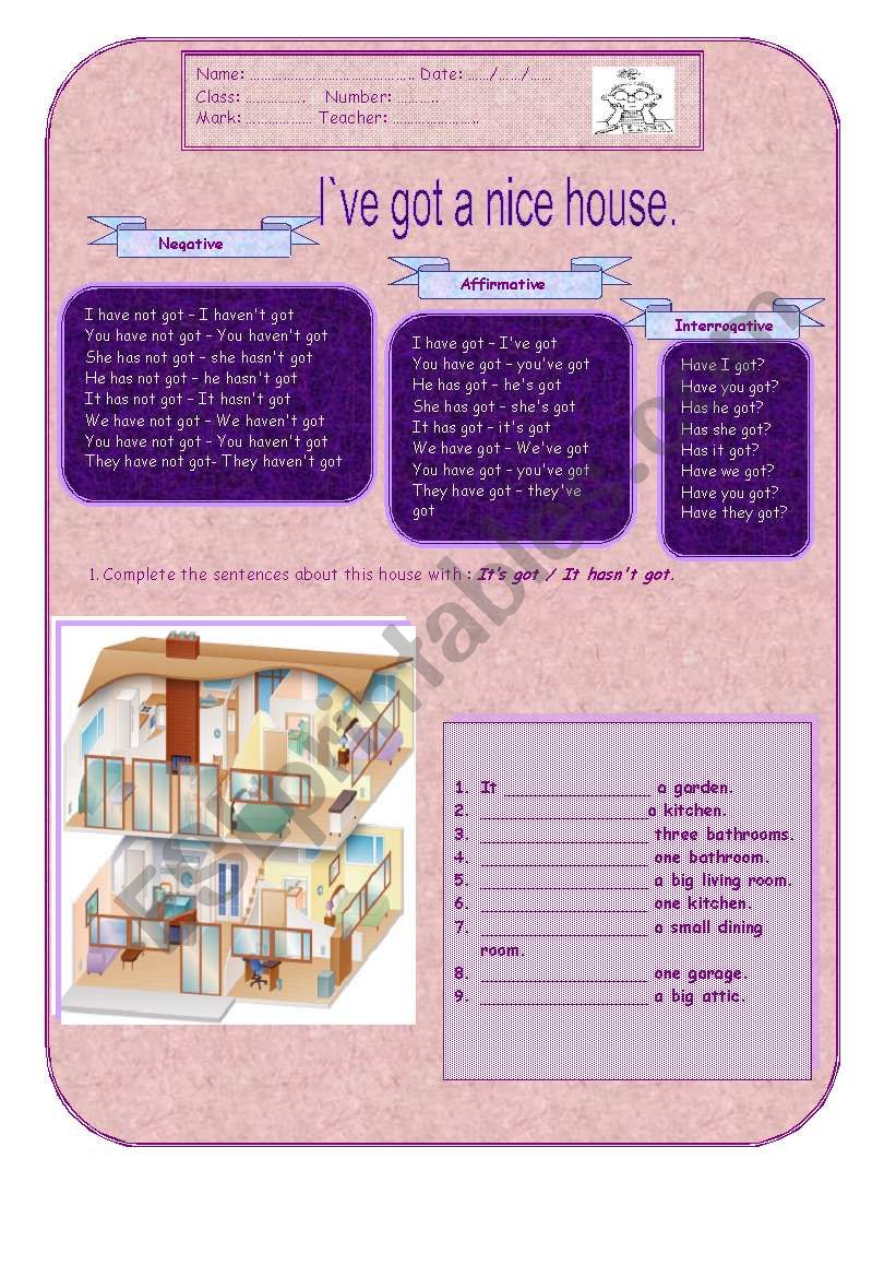 Ive got a nice house worksheet