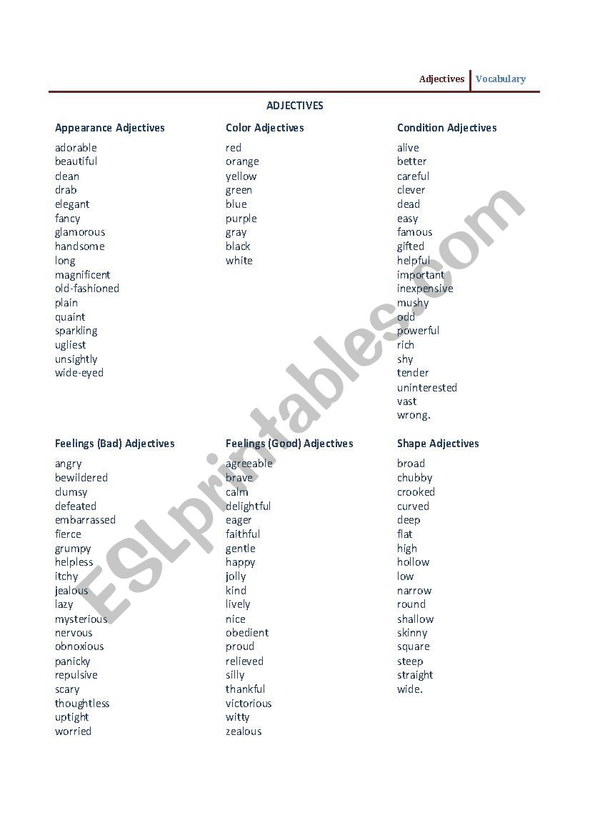 Adjectives (vocabulary) worksheet