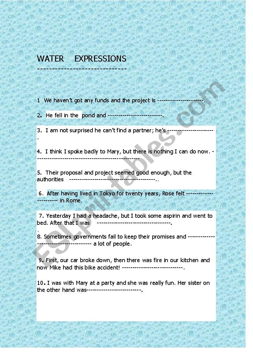 Water expressions worksheet