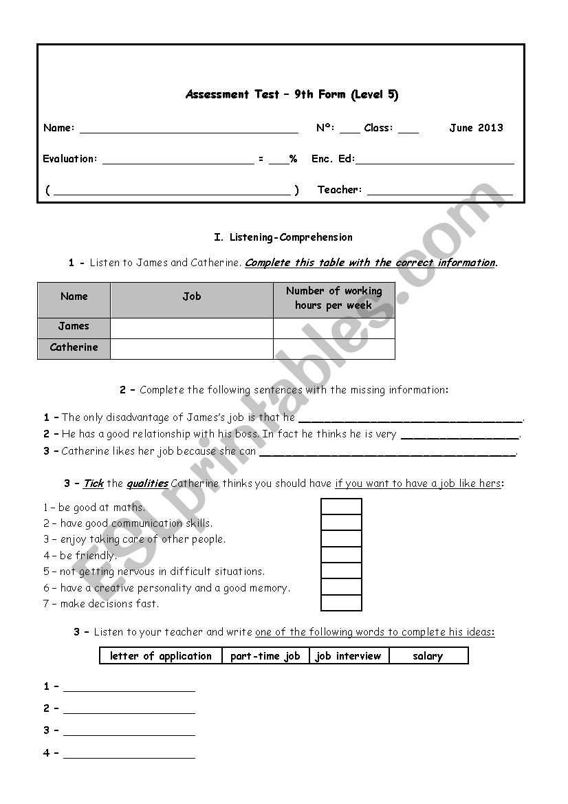 Test about work /Jobs worksheet