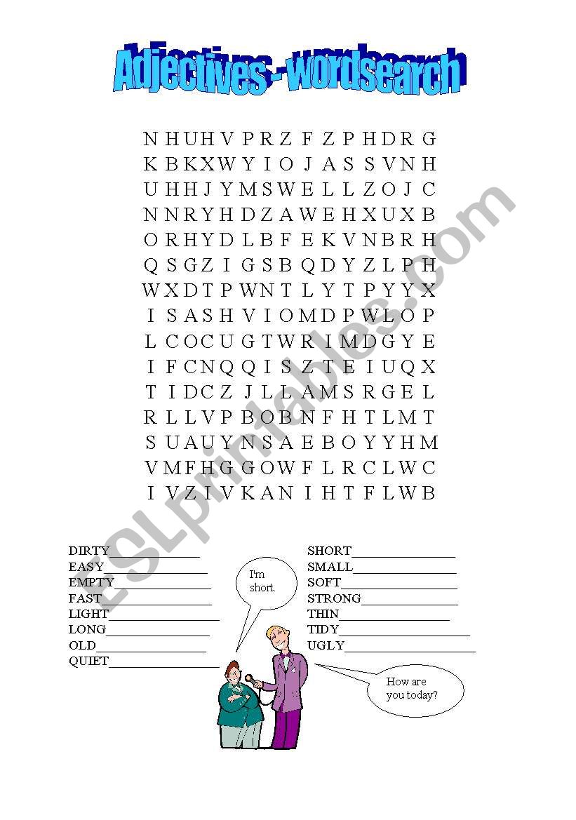 adjective wordsearch worksheet