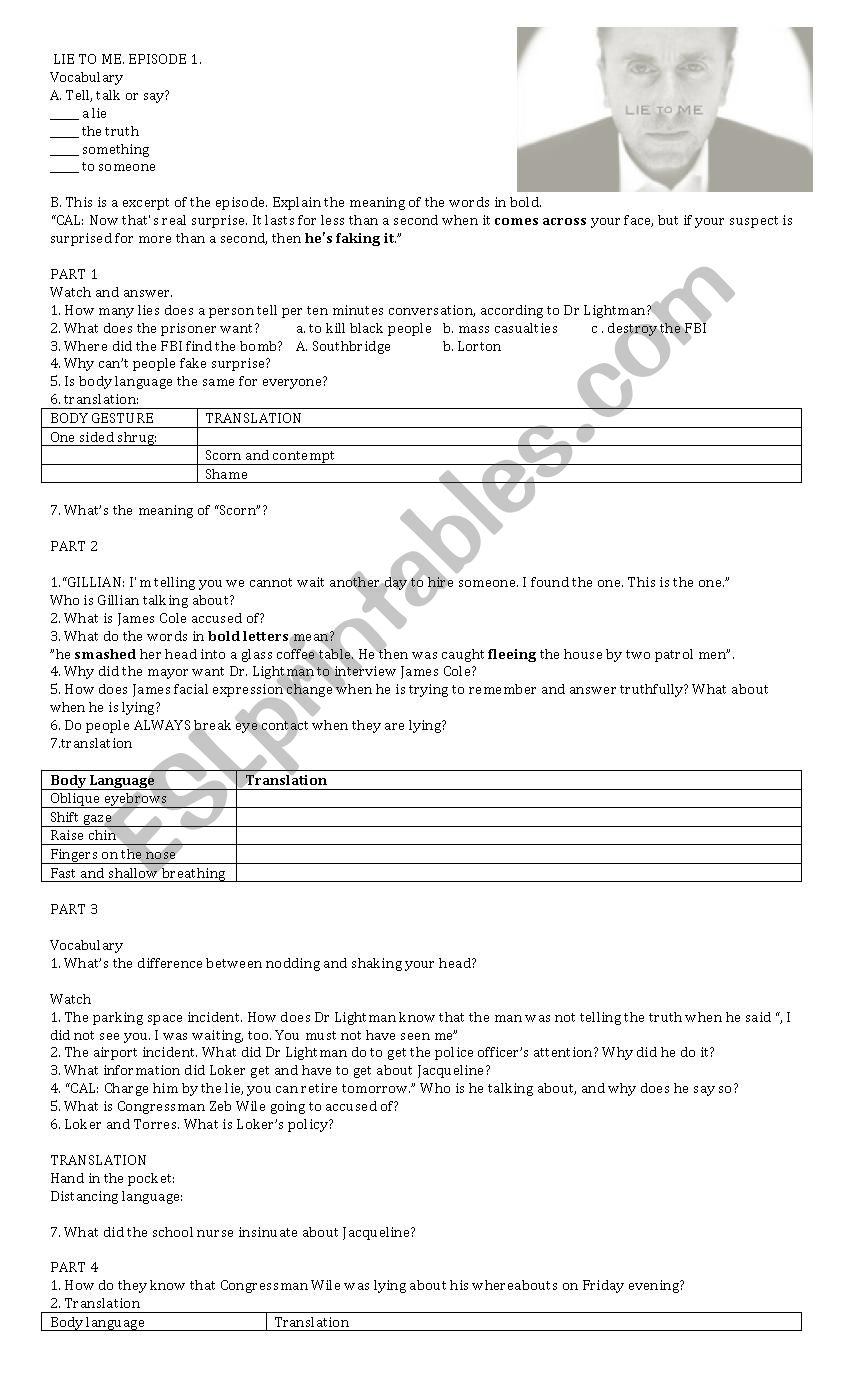 LIE TO ME EPISODE 1 worksheet