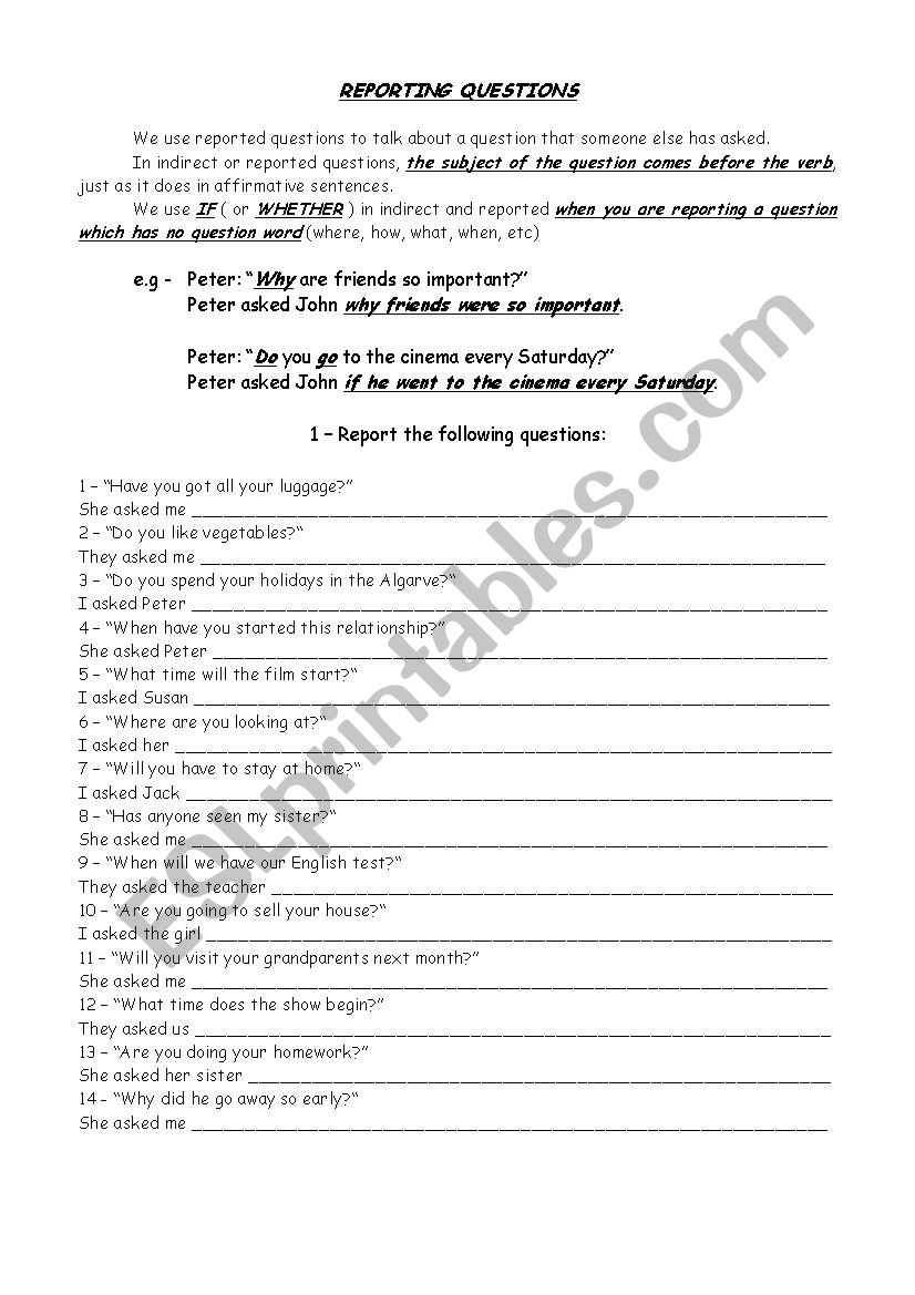 exercises on reported speech interrogative sentences