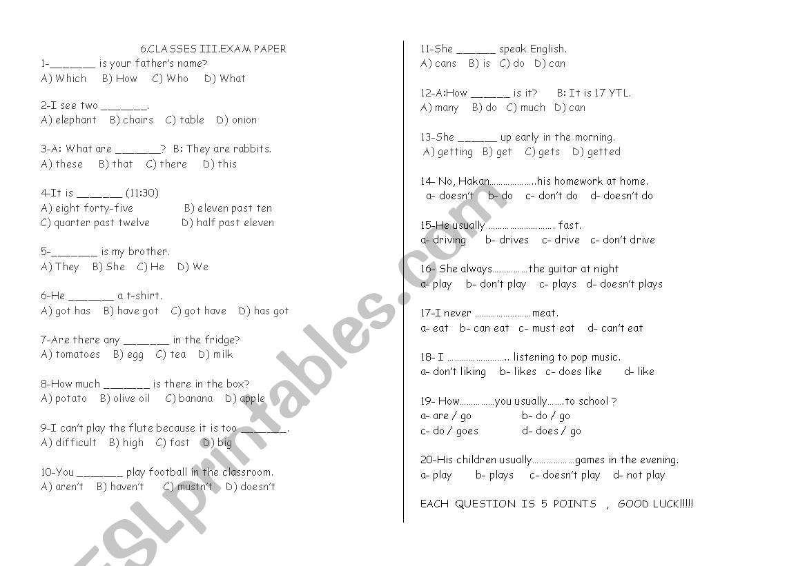 general test worksheet