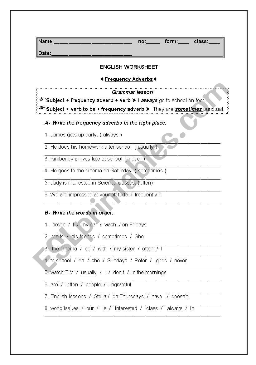 Worksheet on Frequency Adverbs