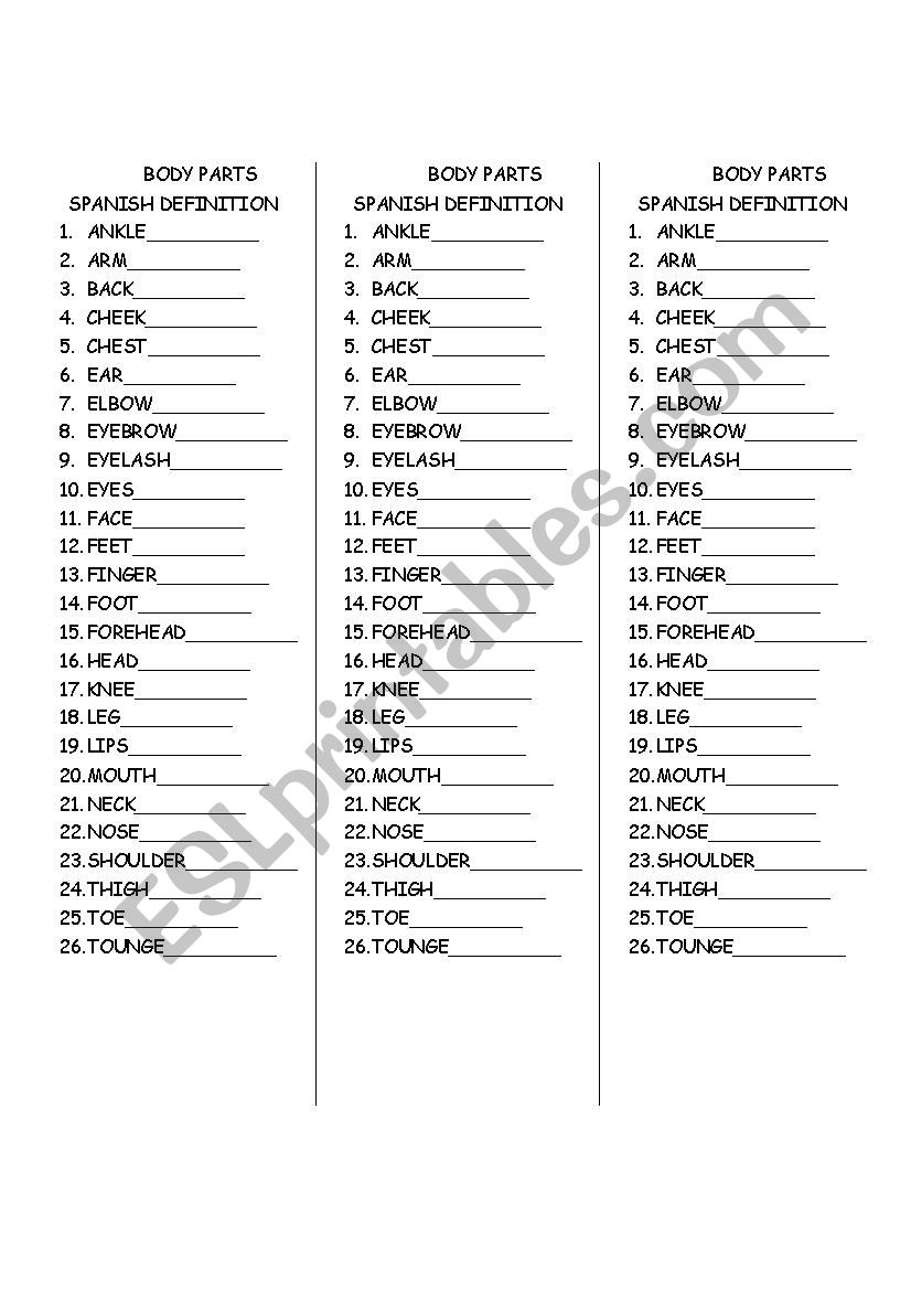 Body Parts Spanish Definition - ESL worksheet by munirivera With Body Parts In Spanish Worksheet