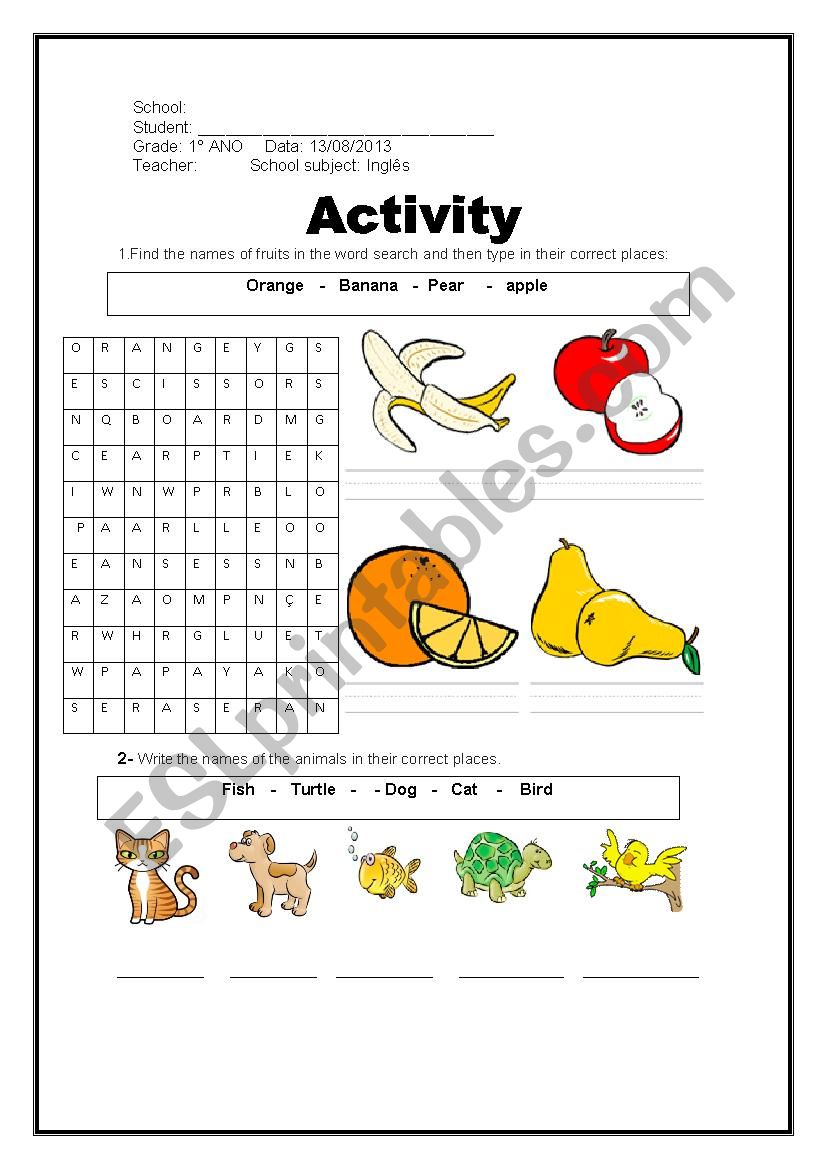 fruits worksheet